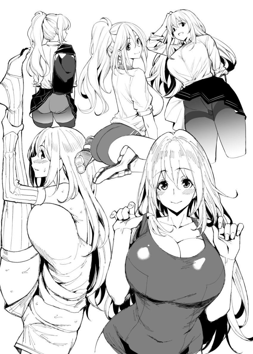 1girl adjusting_clothes adjusting_swimsuit arched_back arm_warmers ass atago_(kantai_collection) bag blush breasts buruma casual cleavage collarbone commentary_request covered_navel dress_shirt feet greyscale gym_shirt hair_between_eyes hand_on_head highres huge_breasts kantai_collection leg_up long_hair looking_at_viewer looking_back monochrome multiple_views mushi024 one-piece_swimsuit open_mouth panties pantyhose pleated_skirt ponytail school_bag shirt shoes shorts sitting skirt skirt_lift sleeves_rolled_up smile sneakers split standing_split stretch sweat swimsuit thigh-highs thighband_pantyhose thighs underwear upskirt waist wariza