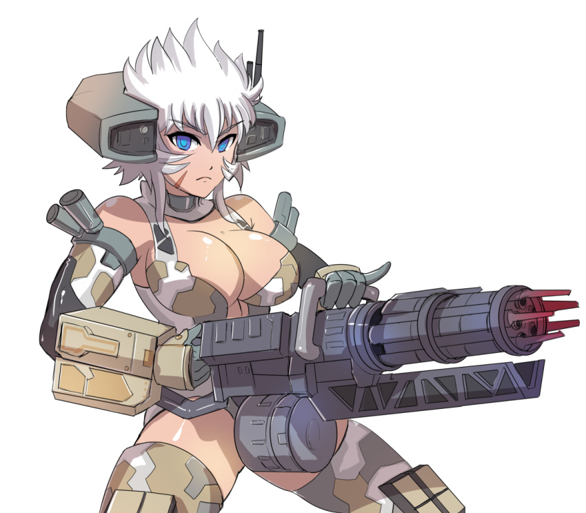 1girl armor bare_shoulders blue_eyes breasts camouflage cleavage detached_sleeves frown gatling_gun gun helmet hmage large_breasts legion_(titanfall_2) minigun thigh-highs titanfall titanfall_2 weapon white_hair