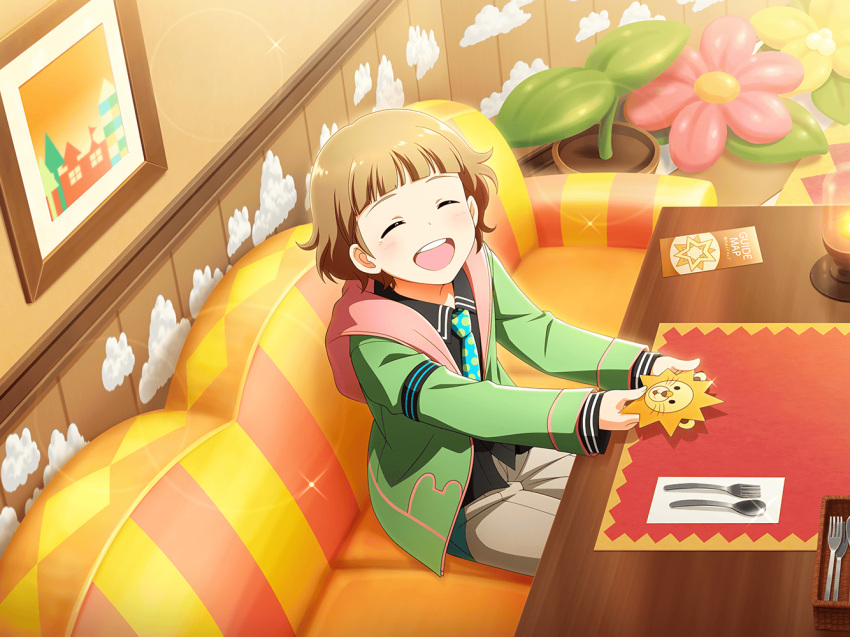 1boy brown_hair closed_eyes fork from_above game_cg himeno_kanon hood hoodie idolmaster idolmaster_side-m idolmaster_side-m_live_on_stage jacket male_focus necktie official_art open_clothes open_jacket plant polka_dot_neckwear potted_plant short_hair sitting smile solo spoon table wavy_hair