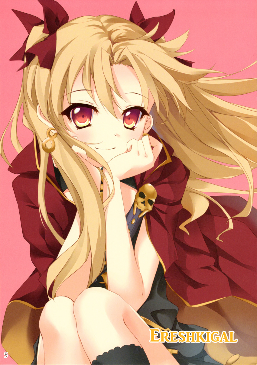 1girl absurdres blonde_hair character_name earrings ereshkigal_(fate/grand_order) eyebrows_visible_through_hair fate/grand_order fate_(series) hair_ribbon hands_on_own_cheeks hands_on_own_face highres hisagiyuu jewelry long_hair looking_at_viewer pink_background red_eyes red_ribbon ribbon scan sitting smile solo tohsaka_rin twintails very_long_hair