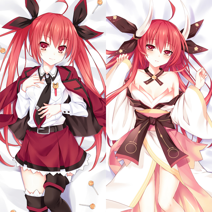 1girl belt black_footwear black_neckwear black_ribbon boots breasts breeze_(wcf) candy cleavage collarbone dakimakura date_a_live eyebrows_visible_through_hair food from_above hair_between_eyes hair_ribbon horns itsuka_kotori japanese_clothes kimono lollipop long_hair looking_at_viewer lying miniskirt neck_ribbon on_back parted_lips pleated_skirt red_eyes red_skirt redhead ribbon shirt skirt small_breasts smile solo thigh-highs thigh_boots twintails uniform very_long_hair white_shirt