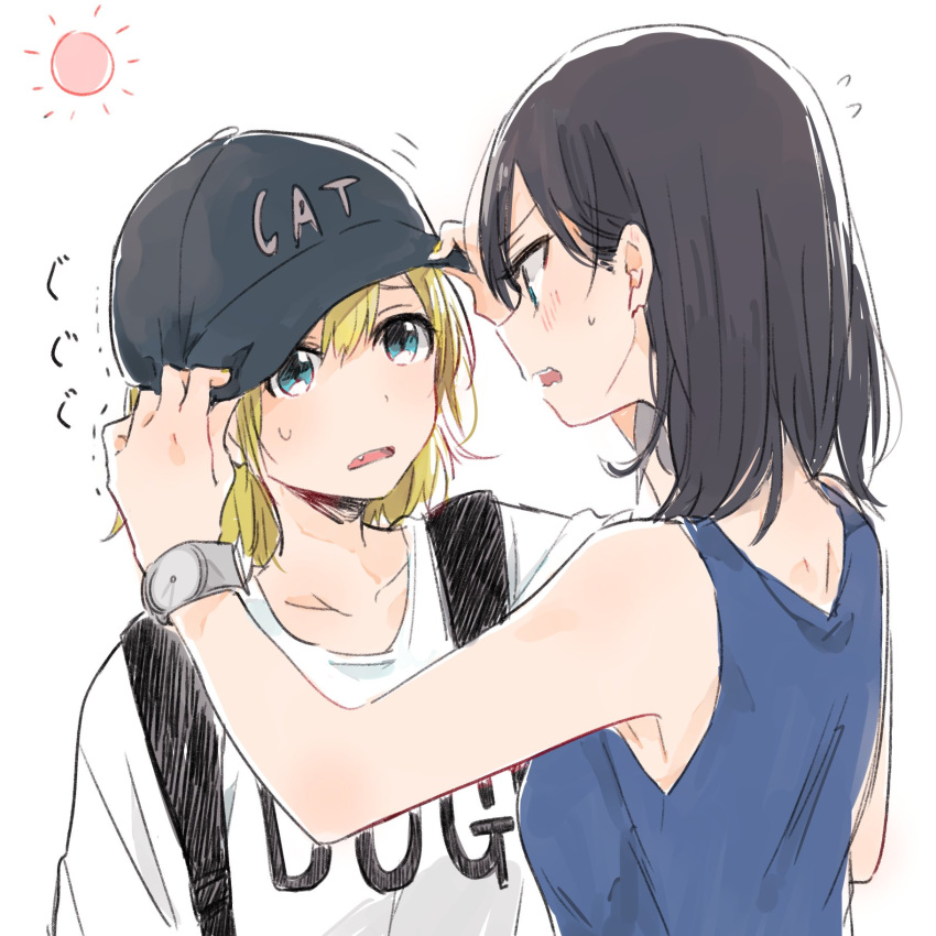 2girls adjusting_another's_clothes adjusting_clothes adjusting_hat aqua_eyes baseball_cap black_hair blonde_hair blue_tank_top clothes_writing commentary_request d: fang flying_sweatdrops hands_on_another's_hat hat headwear_writing highres monsieur multiple_girls open_mouth original profile shirt sun sweatdrop t-shirt tank_top watch watch wavy_mouth white_shirt