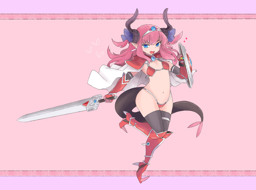 1girl :d absurdres armor bangs bikini bikini_armor blue_eyes boots cape commentary detached_sleeves dragon_girl dragon_horns dragon_tail elbow_gloves elizabeth_bathory_(brave)_(fate) fang fate/grand_order fate_(series) gauntlets gem gloves hair_ornament hairband highres holding holding_shield holding_sword holding_weapon horns knee_boots lancer_(fate/extra_ccc) latenight long_hair looking_at_viewer navel open_mouth pink_background pink_hair red_footwear shield smile solo sparkle spaulders standing standing_on_one_leg swimsuit sword tail thigh-highs thighhighs_under_boots weapon white_cape