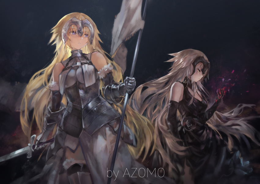 2girls artist_name avamone blue_eyes chains cowter elbow_gloves fate/apocrypha fate/grand_order fate_(series) fur_trim gauntlets gloves gorget halterneck highres jeanne_alter looking_down looking_to_the_side multiple_girls plackart ruler_(fate/apocrypha) standard_bearer sword weapon yellow_eyes