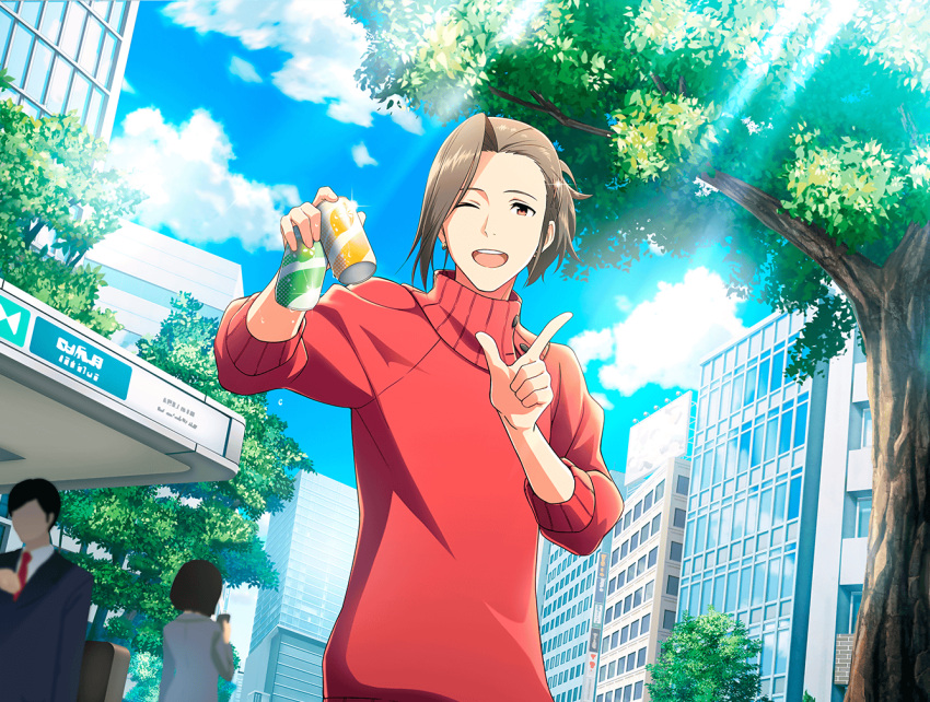 1boy blue_sky brown_eyes brown_hair building can game_cg idolmaster idolmaster_side-m idolmaster_side-m_live_on_stage index_finger_raised long_hair male_focus official_art one_eye_closed open_mouth ponytail red_shirt shirt sky smile soda_can solo sweater turtleneck turtleneck_sweater upper_body watanabe_minori