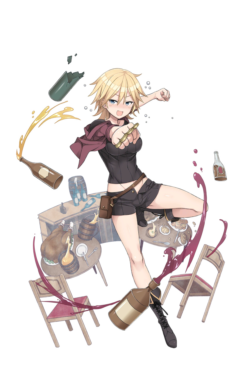 1girl alcohol barrel beer bird blonde_hair bottle brass_knuckles bread broken_bottle chair chicken dizzy_durand food fork full_body highres knife looking_at_viewer official_art princess_principal princess_principal_game_of_mission punching ribbed_shirt shirt short_hair shorts solo soup spoon standing table transparent_background unbuttoned_pants weapon wine_bottle