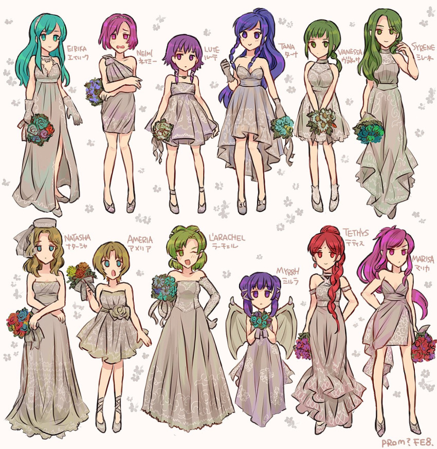 amelia_(fire_emblem) blue_eyes blue_hair blush bouquet bridal_veil bride dress eirika fire_emblem fire_emblem:_seima_no_kouseki fire_emblem_heroes flower gloves green_hair highres l'arachel long_hair lute_(fire_emblem) mamkute marisa_(fire_emblem) myrrh_(fire_emblem) natasha_(fire_emblem) open_mouth pink_hair ponytail redhead short_hair smile syrene tana tethys thigh-highs vanessa_(fire_emblem) veil wedding wedding_dress