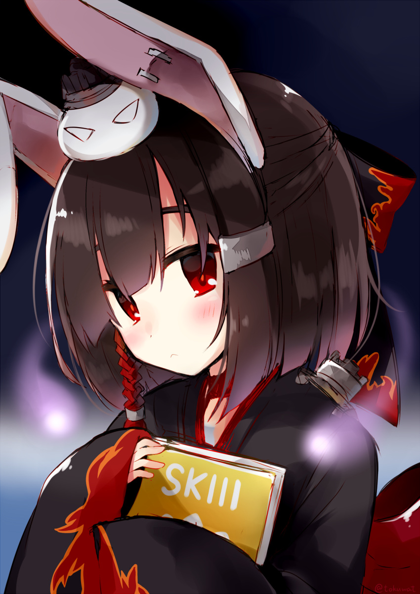 1girl animal animal_ears animal_on_head azur_lane black_hair blush book expressionless fake_animal_ears fukunoki_tokuwa hair_ornament hair_ribbon hairclip highres holding holding_book japanese_clothes looking_at_viewer on_head portrait rabbit_ears red_eyes red_ribbon ribbon shiranui_(azur_lane) short_hair solo