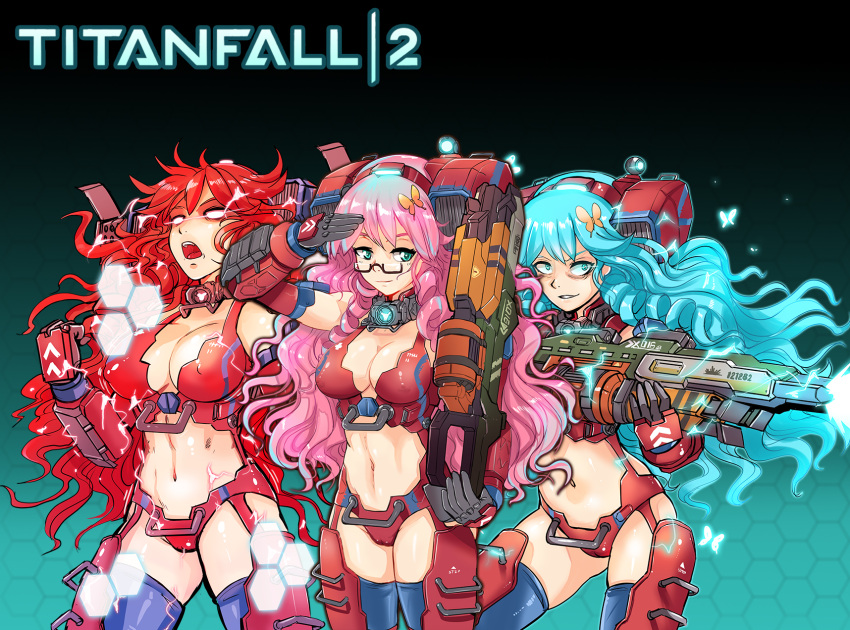 1girl armor backpack bag blue_eyes blue_hair breasts butterfly_on_hair cleavage clenched_hands copyright_name crazy_smile electricity firing gloves glowing glowing_eyes green_eyes gun highres hmage honeycomb_(pattern) large_breasts long_hair machine_gun mecha_musume medium_breasts monarch_(titanfall_2) multiple_persona open_mouth parted_lips pink_hair red_eyes redhead rocket_launcher smile stomach thigh-highs titanfall titanfall_2 weapon