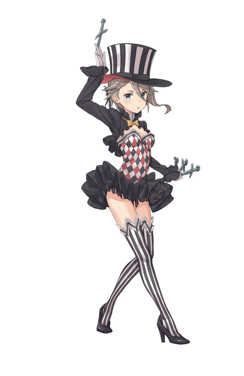 1girl ange_(princess_principal) argyle_print black_footwear black_skirt blue_eyes braid breasts full_body gloves hat high_heels highres knife looking_at_viewer official_art princess_principal princess_principal_game_of_mission silver_hair skirt small_breasts solo standing striped striped_legwear throwing_knife top_hat transparent_background vertical-striped_legwear vertical_stripes weapon white_gloves