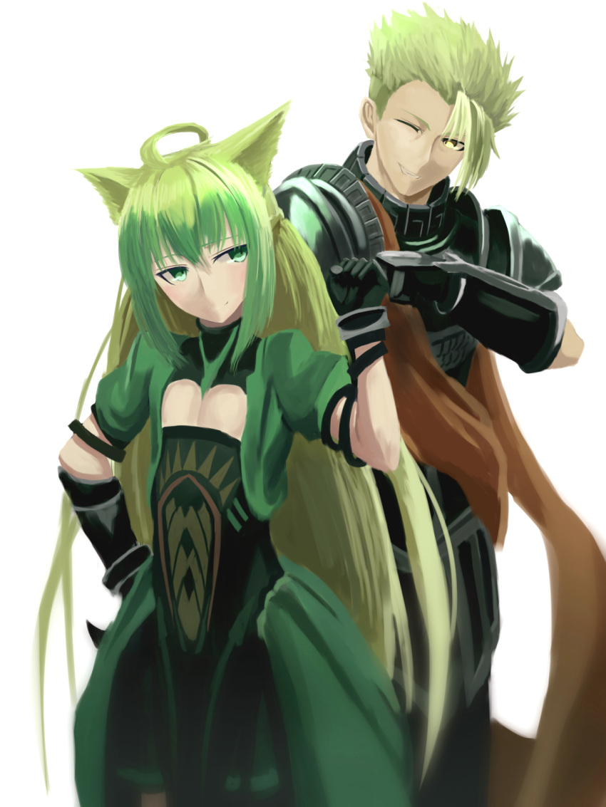 1boy 1girl ahoge animal_ears archer_of_red armor blonde_hair cat_ears fate/apocrypha fate_(series) fist_bump green_eyes green_hair highres looking_at_another mukade_(siieregannsu) multicolored_hair one_eye_closed rider_of_red simple_background smile two-tone_hair white_background yellow_eyes