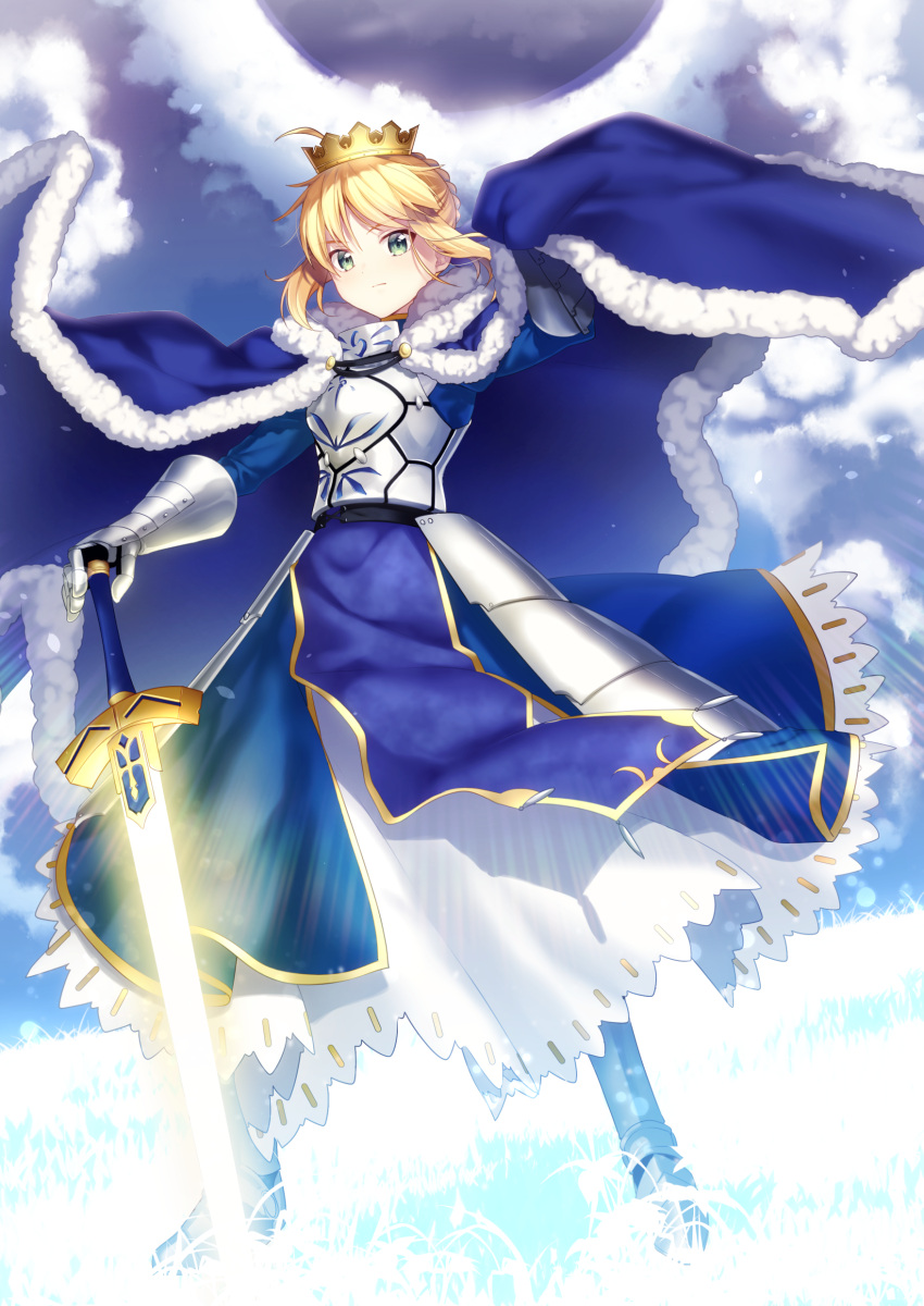 1girl absurdres ahoge armor armored_dress artoria_pendragon_(all) bangs blonde_hair blue_cape blue_sky boots braid breastplate cape closed_mouth clouds cloudy_sky commentary_request crown day excalibur eyebrows_visible_through_hair fate/stay_night fate_(series) faulds full_body fur_trim gauntlets glowing grass greaves green_eyes hair_bun hand_on_hilt highres holding holding_sword holding_weapon ichiren_namiro legs_apart looking_at_viewer outdoors saber sky solo standing sword weapon