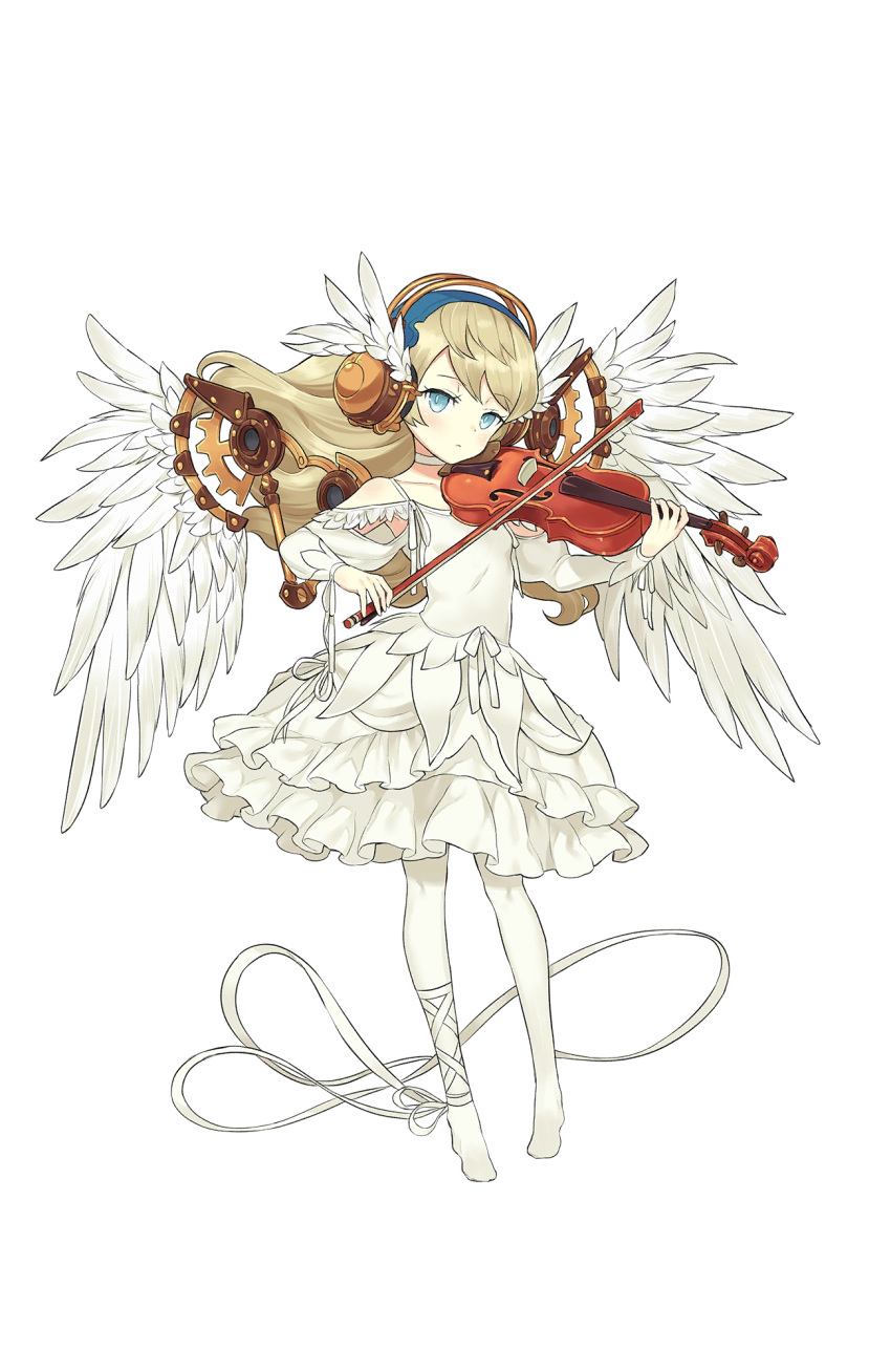 1girl alicia_northend blonde_hair blue_eyes bow_(instrument) dress frilled_dress frills full_body gears headphones highres instrument looking_at_viewer music official_art playing_instrument princess_principal princess_principal_game_of_mission ribbon solo standing transparent_background violin white_dress white_legwear white_ribbon white_wings wings