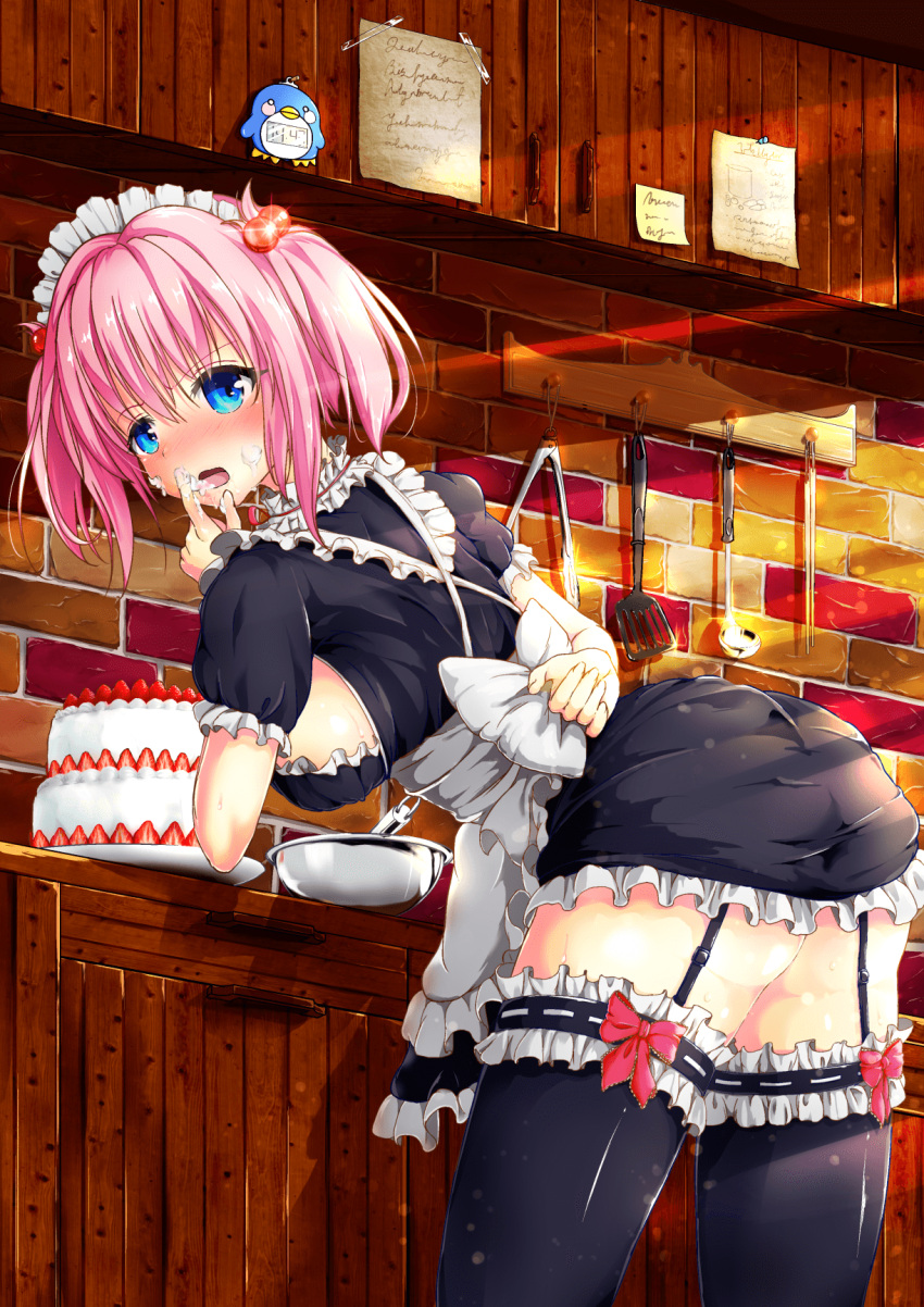 alternate_costume apron arched_back arm_behind_back arm_support ass bangs black_legwear blue_eyes blush breasts cake clock commentary_request dress enmaided finger_to_mouth food frilled_dress frilled_legwear frills from_side garter_straps hair_intakes highres indoors kitchen leaning_on_object licking looking_at_viewer looking_to_the_side maid maid_headdress original pink_hair short_hair sideboob thigh-highs two_side_up zettai_ryouiki