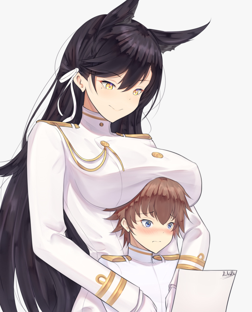 1boy 1girl admiral_(azur_lane) animal_ears atago_(azur_lane) azur_lane black_hair blackwatchar blue_eyes blush breasts brown_eyes brown_hair commentary_request embarrassed gloves highres large_breasts long_hair long_sleeves military military_uniform mole mole_under_eye naval_uniform smile uniform white_gloves