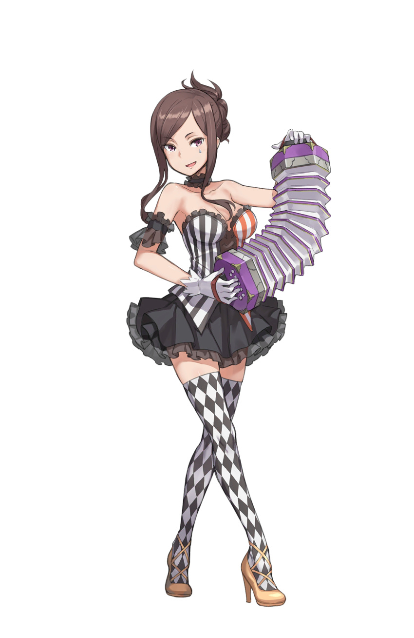 1girl accordion argyle argyle_legwear armband bare_shoulders black_skirt brown_hair dorothy_(princess_principal) full_body gloves high_heels highres instrument looking_at_viewer music official_art playing_instrument princess_principal princess_principal_game_of_mission skirt smirk solo striped sweatdrop thigh-highs transparent_background vertical_stripes violet_eyes white_gloves