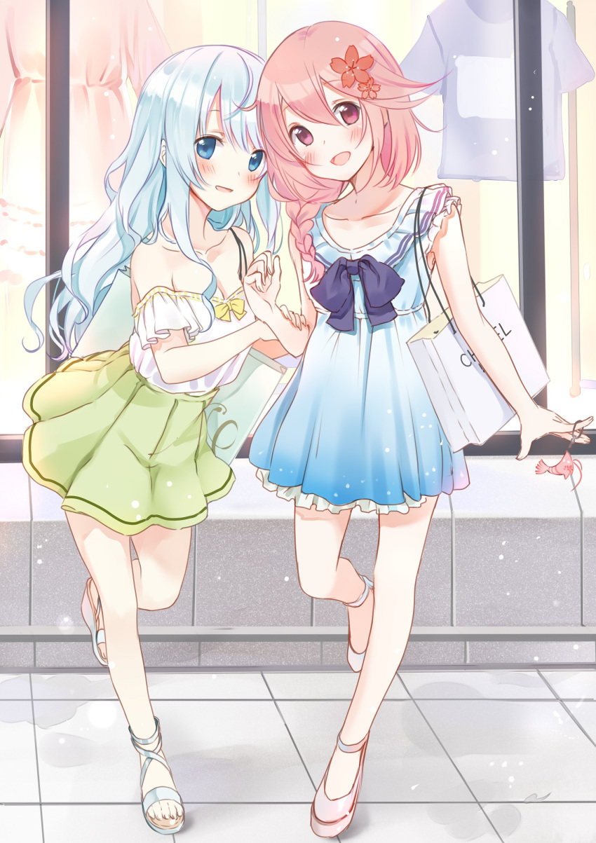 2girls :d black_neckwear blue_dress blue_eyes blush braid breasts cleavage collarbone day dress eyebrows_visible_through_hair flower full_body hair_between_eyes hair_flower hair_ornament head_tilt highres kuuki_shoujo long_hair looking_at_viewer multiple_girls off_shoulder open_mouth outdoors pink_hair red_eyes red_flower sergestid_shrimp_in_tungkang short_dress silver_hair single_braid skirt sleeveless sleeveless_dress small_breasts smile standing standing_on_one_leg the_personification_of_atmosphere xuan_ying