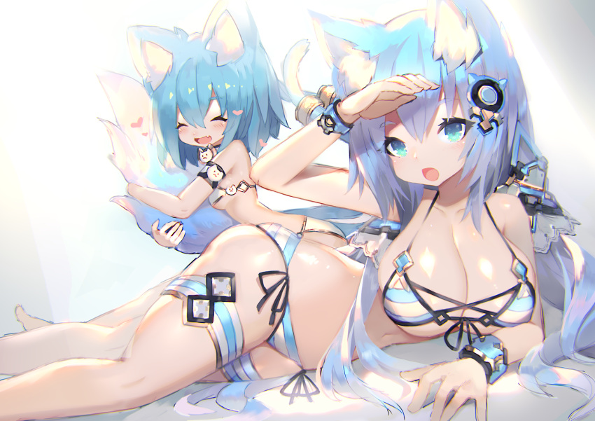2girls animal_ears armlet bikini bracelet breasts cat_ears cat_tail fox_ears fox_tail headgear jewelry large_breasts lying mamuru multiple_girls multiple_tails on_side original simple_background small_breasts swimsuit tail tail_hug thigh_strap white_background