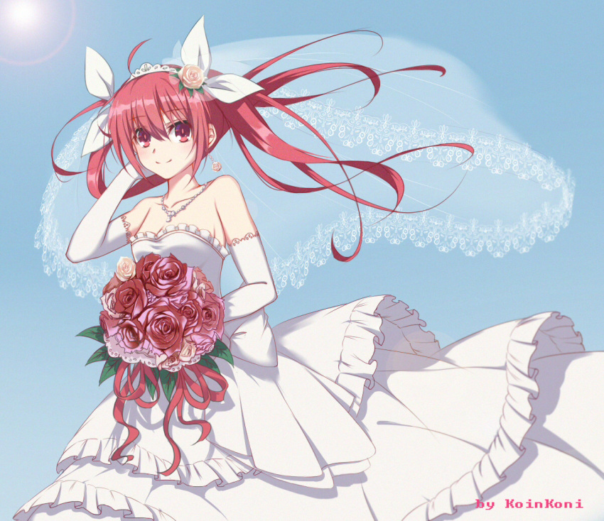 1girl artist_name blue_background bouquet breasts bridal_veil cleavage date_a_live diadem dress earrings elbow_gloves eyebrows_visible_through_hair floating_hair flower gloves hair_between_eyes hair_flower hair_ornament hair_ribbon hand_in_hair holding holding_bouquet itsuka_kotori jewelry layered_dress long_hair looking_at_viewer necklace qingchen_(694757286) red_eyes red_flower red_ribbon redhead ribbon sideboob simple_background sleeveless sleeveless_dress small_breasts smile solo strapless strapless_dress twintails veil wedding_dress white_dress white_gloves white_ribbon yellow_flower