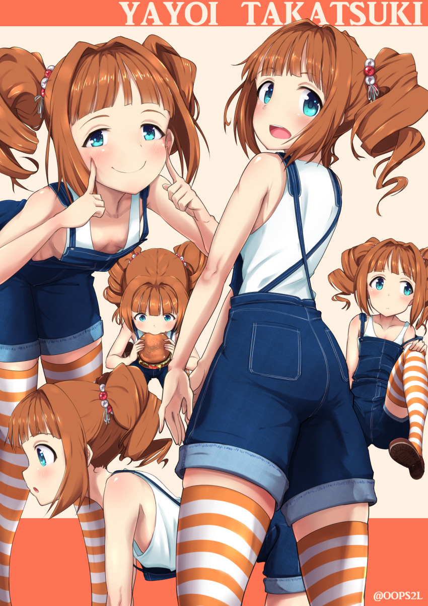 1girl :d all_fours blue_eyes blush breasts brown_footwear brown_hair character_name eating finger_to_cheek food hair_bobbles hair_ornament hamburger highres idolmaster leaning_forward looking_at_viewer multiple_views oops open_mouth overalls short_twintails small_breasts smile striped striped_legwear suspenders takatsuki_yayoi thigh-highs twintails twitter_username