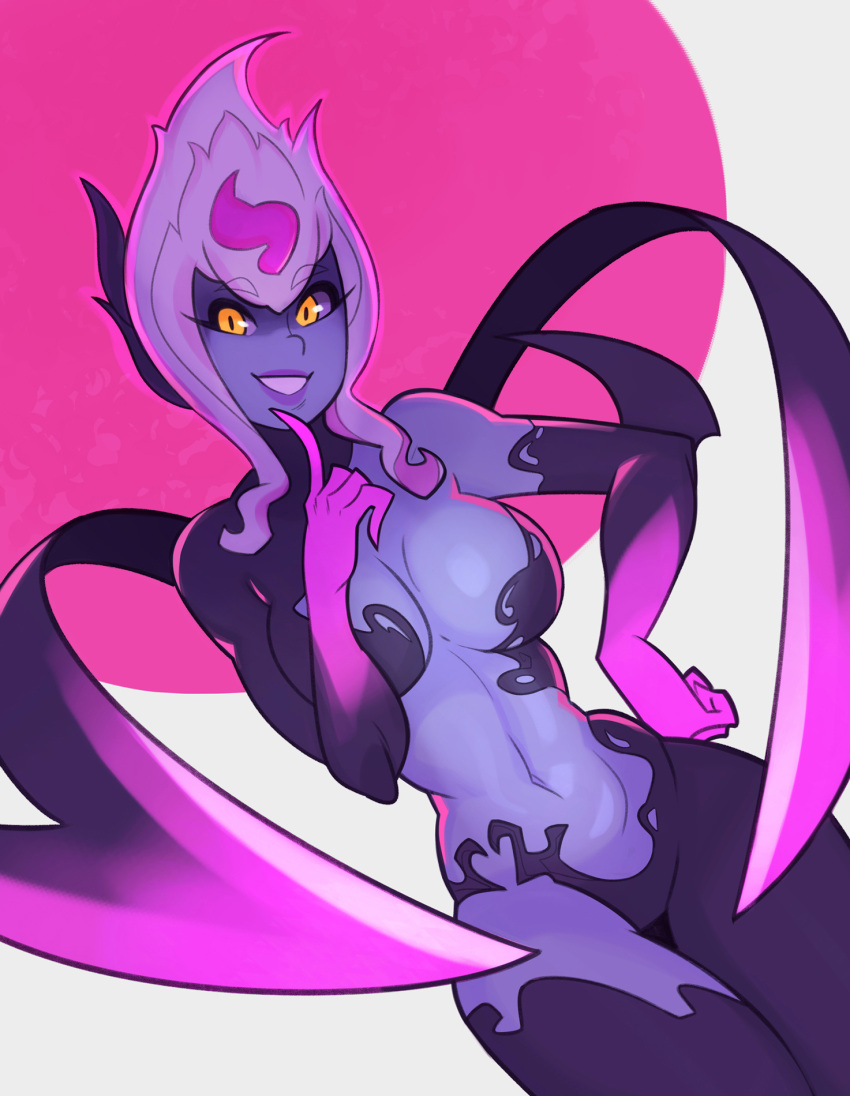 1girl :d blue_skin breasts cleavage cowboy_shot evelynn eyebrows_visible_through_hair finger_to_mouth fingernails highres league_of_legends lipstick makeup medium_breasts navel open_mouth scythe sharp_fingernails smile solo splashbrush white_hair yellow_eyes