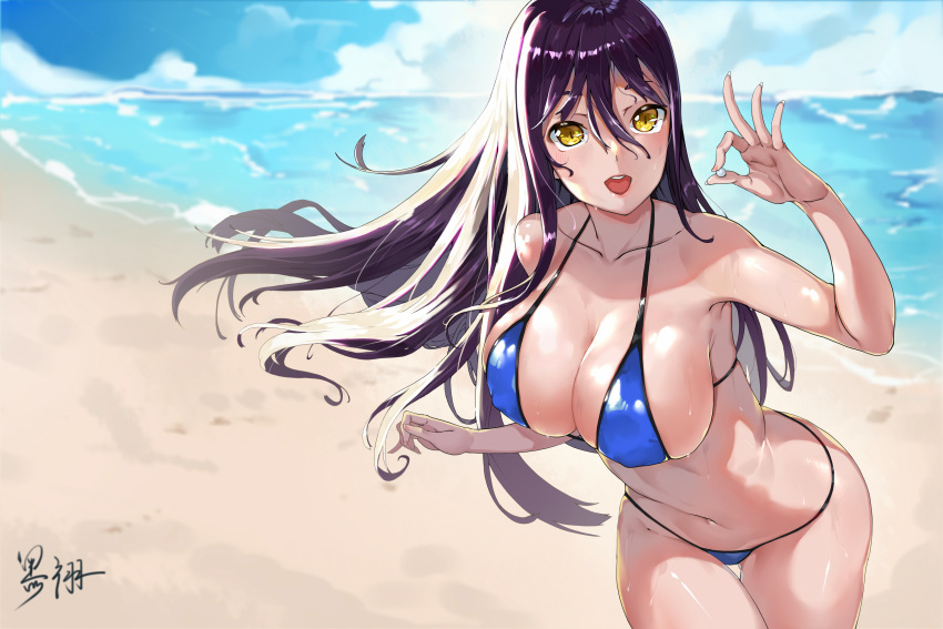 1girl :d absurdres beach bikini blue_bikini blue_sky blurry breasts cleavage collarbone cowboy_shot day depth_of_field erect_nipples gluteal_fold hair_between_eyes halterneck heiyu highres horizon large_breasts leaning_forward long_hair looking_at_viewer navel open_mouth outdoors pearl purple_hair shiny shiny_skin sky smile solo swimsuit thigh_gap wet yellow_eyes