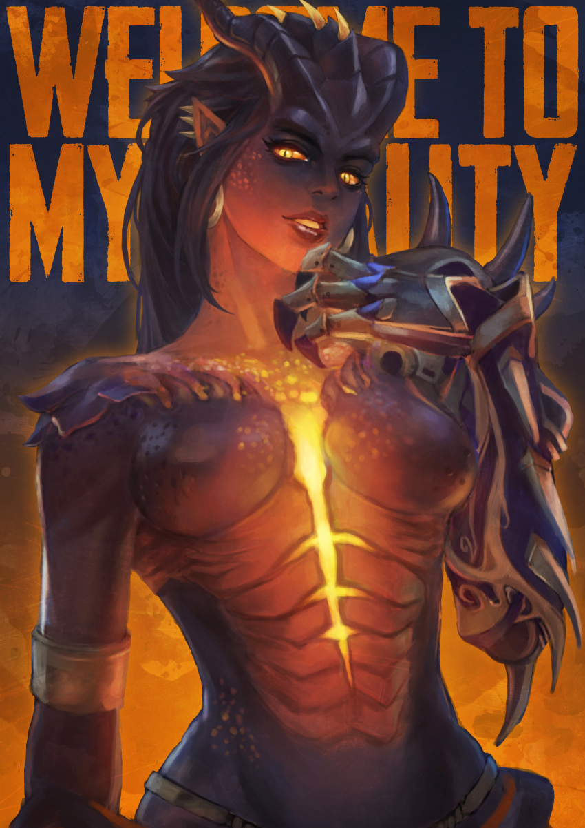 1girl absurdres alternate_costume black_hair breasts dark_background dragon_girl dragon_symmetra english glowing glowing_eyes highres horns looking_at_viewer mechanical_arm medium_breasts monori_rogue monster_girl overwatch parted_lips pointy_ears scales slit_pupils solo symmetra_(overwatch) text upper_body