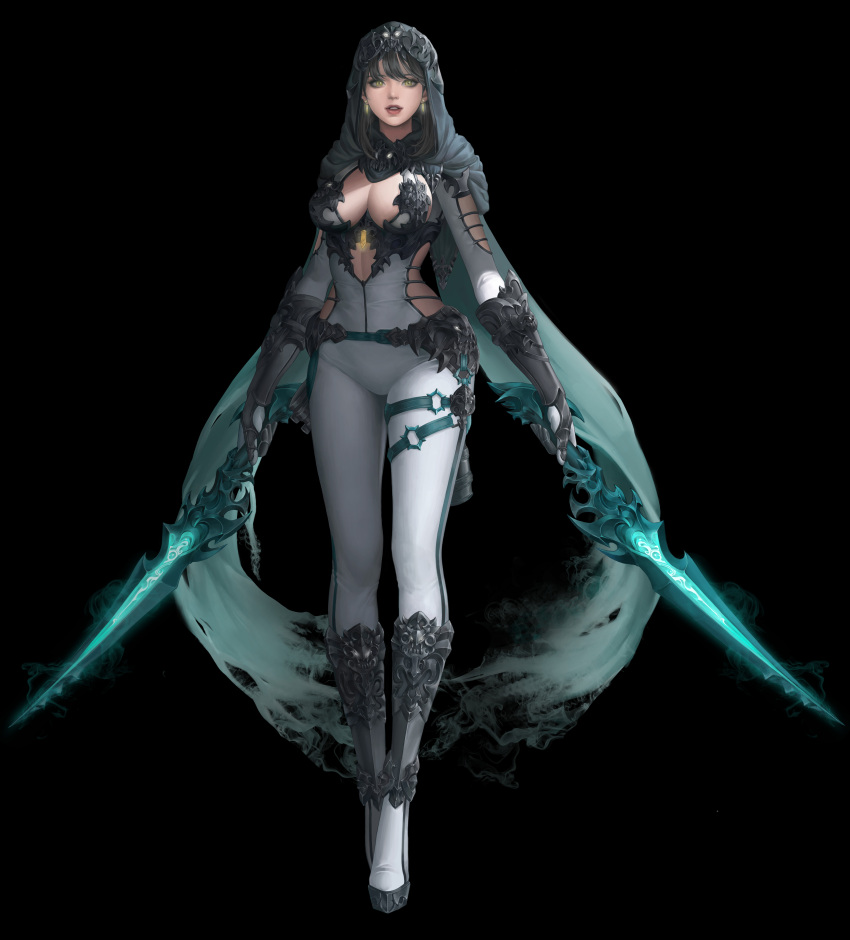 1girl absurdres bangs boots breasts cleavage cloak contrapposto crystal dual_wielding earrings glowing green_cloak high_heel_boots high_heels highres holding holding_sword holding_weapon hood jewelry looking_at_viewer medium_breasts open_mouth original simple_background solo sword weapon yuri_song