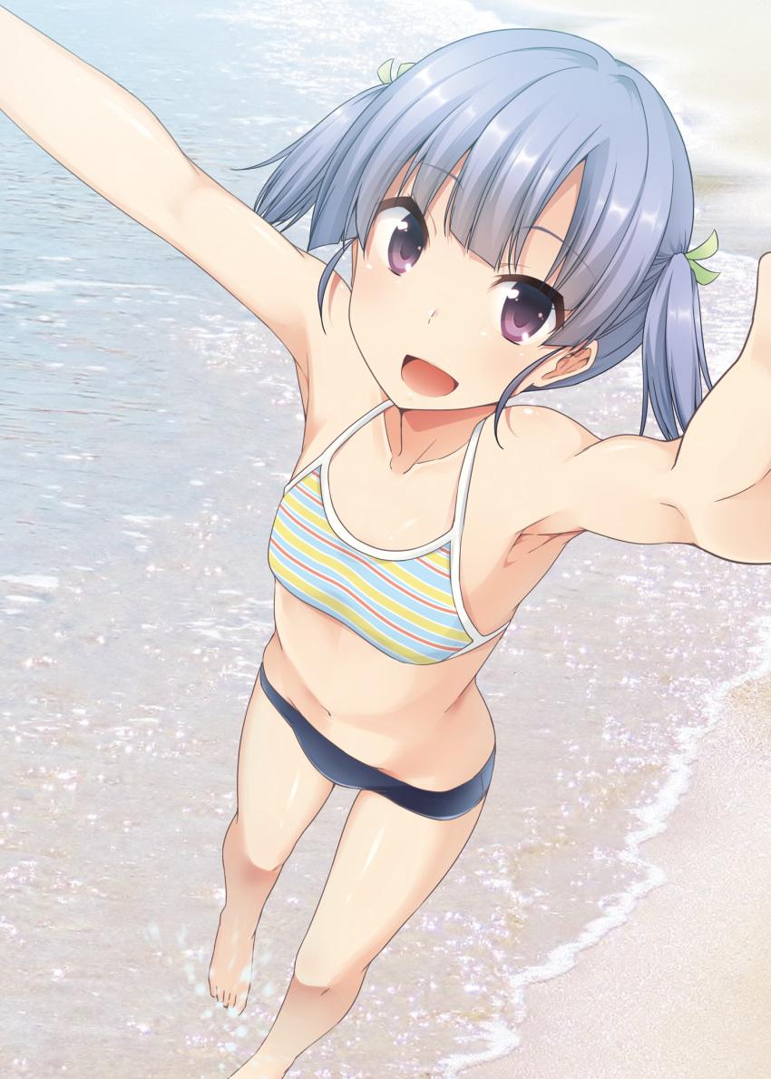 1girl :d armpits arms_up bare_legs barefoot beach bikini blue_hair breasts collarbone eyebrows_visible_through_hair foreshortening from_above highres kantai_collection looking_at_viewer nagami_yuu navel ooshio_(kantai_collection) open_mouth outdoors outstretched_arms short_twintails small_breasts smile solo swimsuit tankini twintails violet_eyes wading
