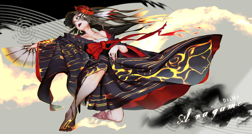 1girl bandage bangs bare_shoulders barefoot black_eyes black_hair black_kimono blunt_bangs bow breasts budget_sarashi character_request cleavage copyright_name deemo fan feathers fire folding_fan foreshortening full_body hair_feathers highres holding holding_fan japanese_clothes kimono leaning_back long_hair long_sleeves mask mask_on_head medium_breasts one_knee open_clothes open_kimono open_mouth outstretched_arm pointing pointing_to_the_side red_bow sarashi sash solo tok wide_sleeves