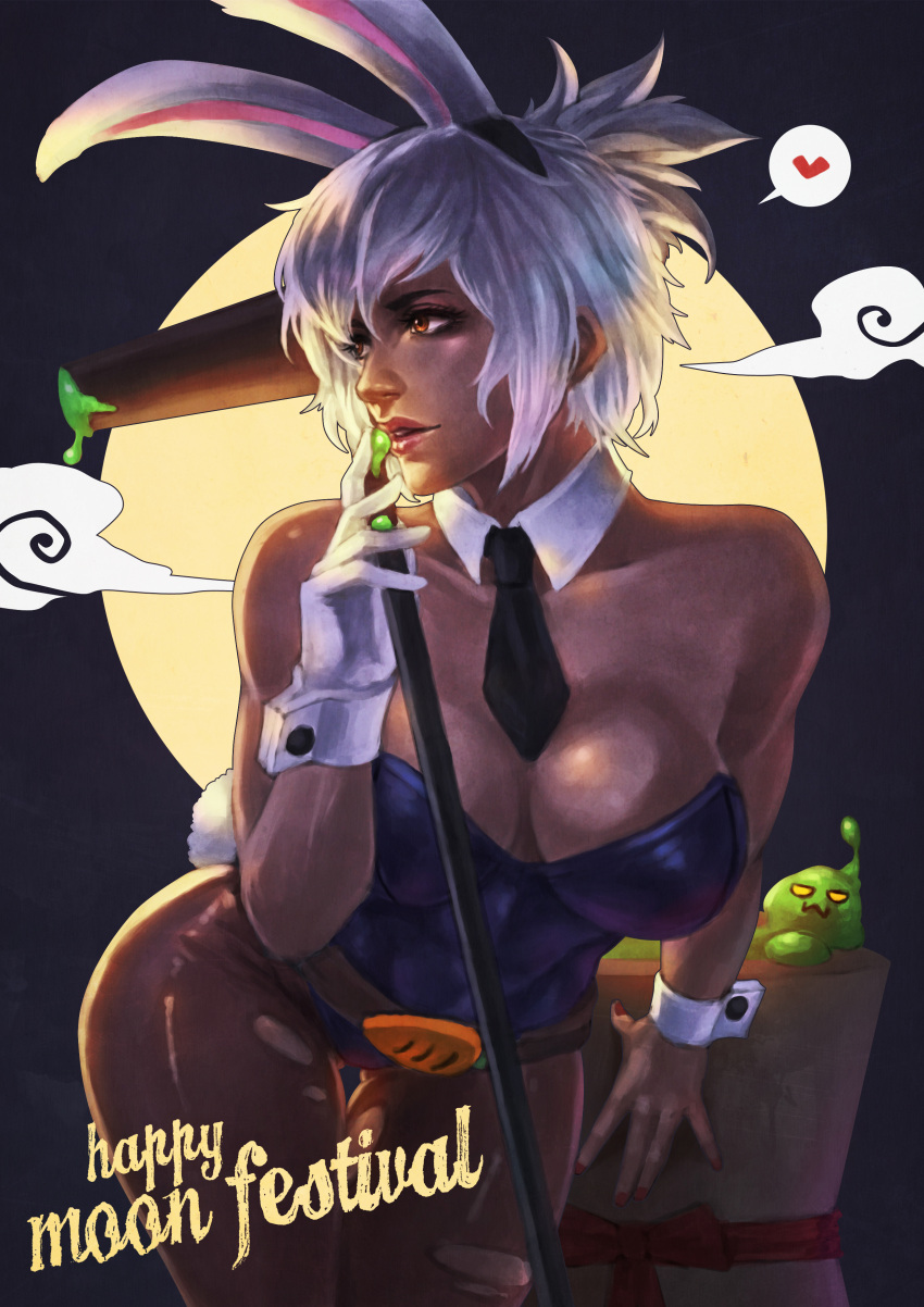 1girl absurdres animal_ears bare_shoulders battle_bunny_riven belt breasts bunnysuit cleavage detached_collar gloves half_updo heart highres large_breasts league_of_legends lips mochitsuki monori_rogue monster_boy necktie nose orange_eyes original pantyhose rabbit_ears riven_(league_of_legends) short_hair silver_hair single_glove slime solo_focus spoken_heart thigh_gap white_gloves wrist_cuffs zac