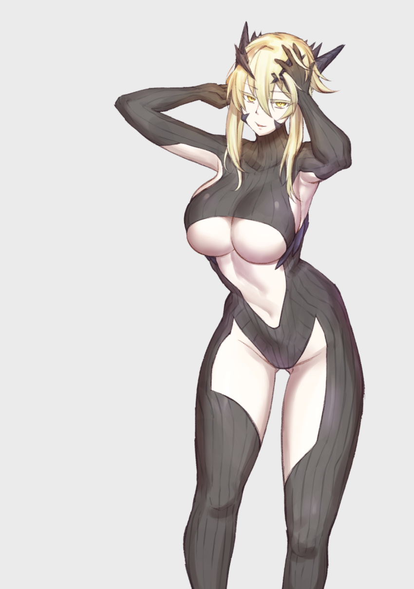 1girl armpits artoria_pendragon_(all) artoria_pendragon_(lancer_alter) blonde_hair bodysuit breasts commentary cowboy_shot curvy emoshon fate/grand_order fate/stay_night fate_(series) highres horns large_breasts looking_at_viewer navel short_hair smile solo stomach thighs under_boob yellow_eyes