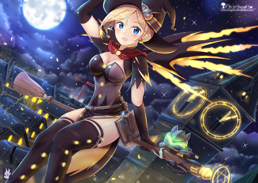 1girl :d alternate_costume arm_at_side artist_name bangs blonde_hair blue_eyes blush book breasts brooch broom broom_riding brown_gloves brown_hat brown_legwear building capelet chinchongcha cleavage clock clock_tower clouds cloudy_sky commentary cowboy_shot deviantart_username dress earrings elbow_gloves eyelashes flying full_moon gloves halloween halloween_costume hand_on_headwear hand_up hat hat_belt highres house jack-o'-lantern jack-o'-lantern_earrings jewelry looking_at_viewer mechanical_wings medium_breasts mercy_(overwatch) moon night night_sky open_mouth outdoors overwatch pelvic_curtain short_hair short_sleeves sidesaddle sitting sky smile solo spread_wings star_(sky) starry_sky thigh-highs tower watermark web_address wings witch witch_hat witch_mercy yellow_wings