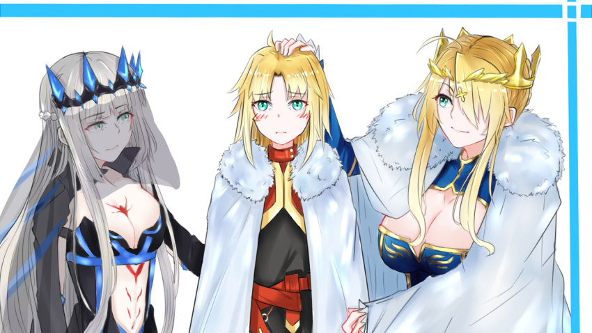 artist_request artoria_pendragon_(all) artoria_pendragon_(lancer) blush braid breasts cape capelet crown fate/grand_order fate_(series) french_braid fur-trimmed_cape fur_trim green_eyes grey_hair hair_ornament large_breasts long_hair medium_breasts morgan_le_faye_(fate) navel petting saber saber_of_red short_hair sketch smile upper_body veil white_background