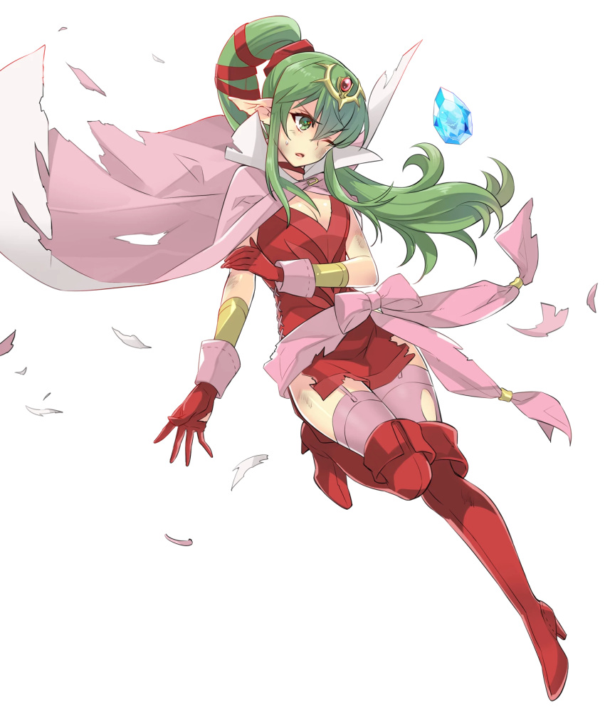 1girl blush breasts cape chiki dress fire_emblem fire_emblem:_kakusei fire_emblem:_mystery_of_the_emblem fire_emblem_heroes full_body gloves green_eyes green_hair hair_ribbon highres jewelry long_hair mamkute official_art one_eye_closed open_mouth pointy_ears ponytail ribbon stone torn_clothes