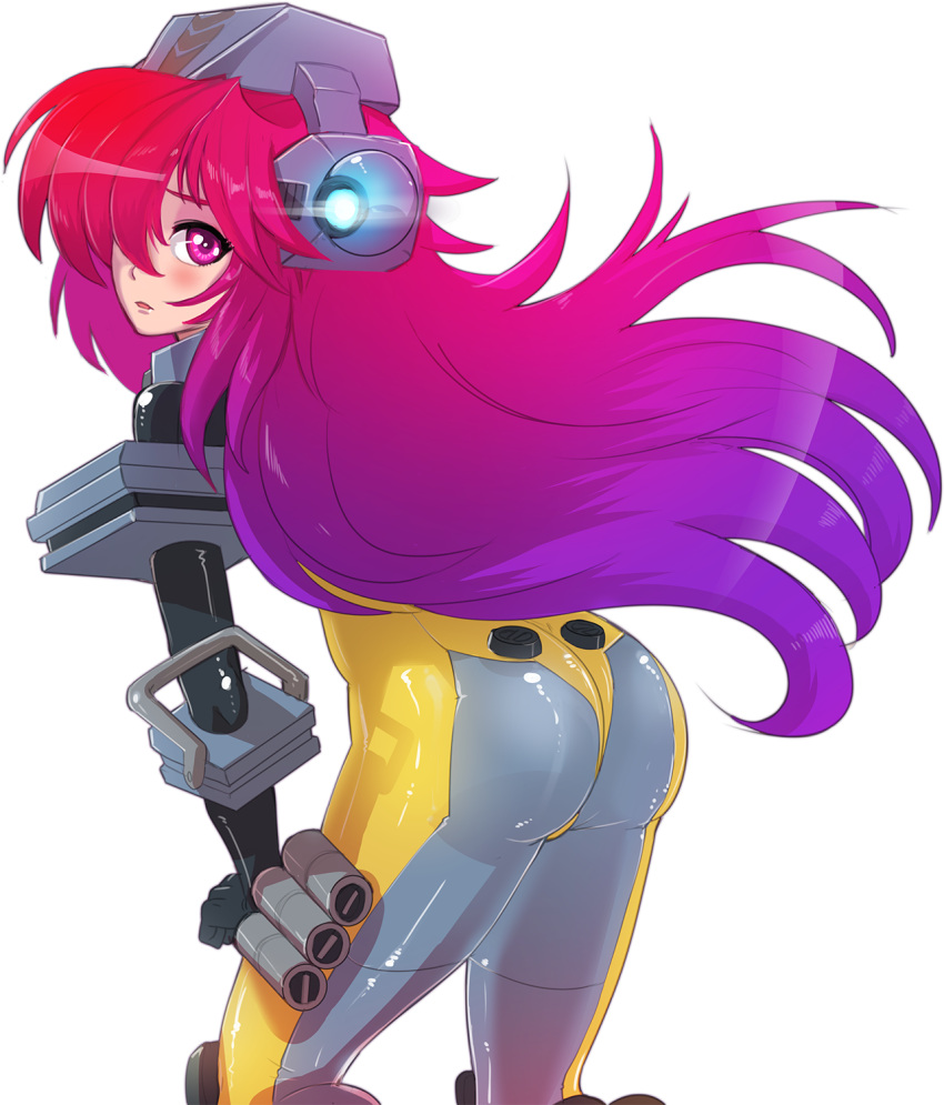 1girl ass bodysuit gradient_hair helmet highres hmage ion_(titanfall_2) leaning_forward lens_flare long_hair looking_back multicolored_hair purple_hair red_eyes redhead skin_tight titanfall titanfall_2 very_long_hair