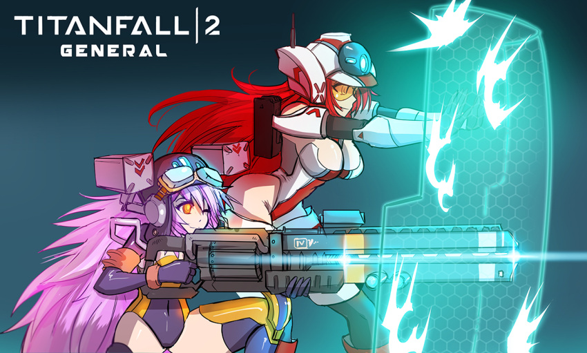 2girls aiming armor bare_shoulders breasts copyright_name covered_navel firing gloves goggles helmet hmage honeycomb_(pattern) large_breasts long_hair multiple_girls northstar_(titanfall) personification pink_hair railgun redhead shield smile teamwork thigh-highs titanfall titanfall_2 tone_(titanfall_2)