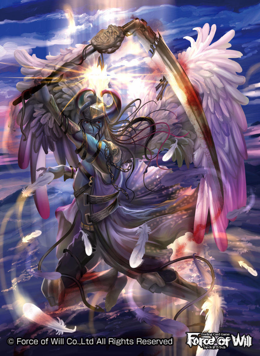 1boy absurdres barefoot black_hair blood blue_skin bracelet clouds cloudy_sky copyright_name day feathered_wings feathers force_of_will helmet highres horns jewelry long_hair male_focus official_art red_eyes sakai_yuuki_(yu_kino) scythe sky solo wings