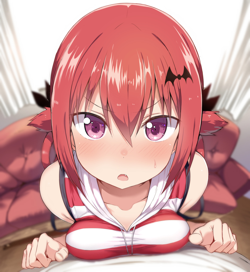 1girl bare_arms bare_shoulders bat_hair_ornament blurry blush breast_press breasts collarbone couch curtains d: depth_of_field fang fisheye gabriel_dropout greatmosu hair_ornament hair_rings highres hood hoodie horizontal-striped_shirt horizontal_stripes indoors kurumizawa_satanichia_mcdowell leaning_on_person looking_at_viewer medium_breasts nose_blush open_mouth perspective pov redhead shirt short_hair sleeveless sleeveless_hoodie sleeveless_shirt solo_focus striped striped_shirt sweatdrop violet_eyes