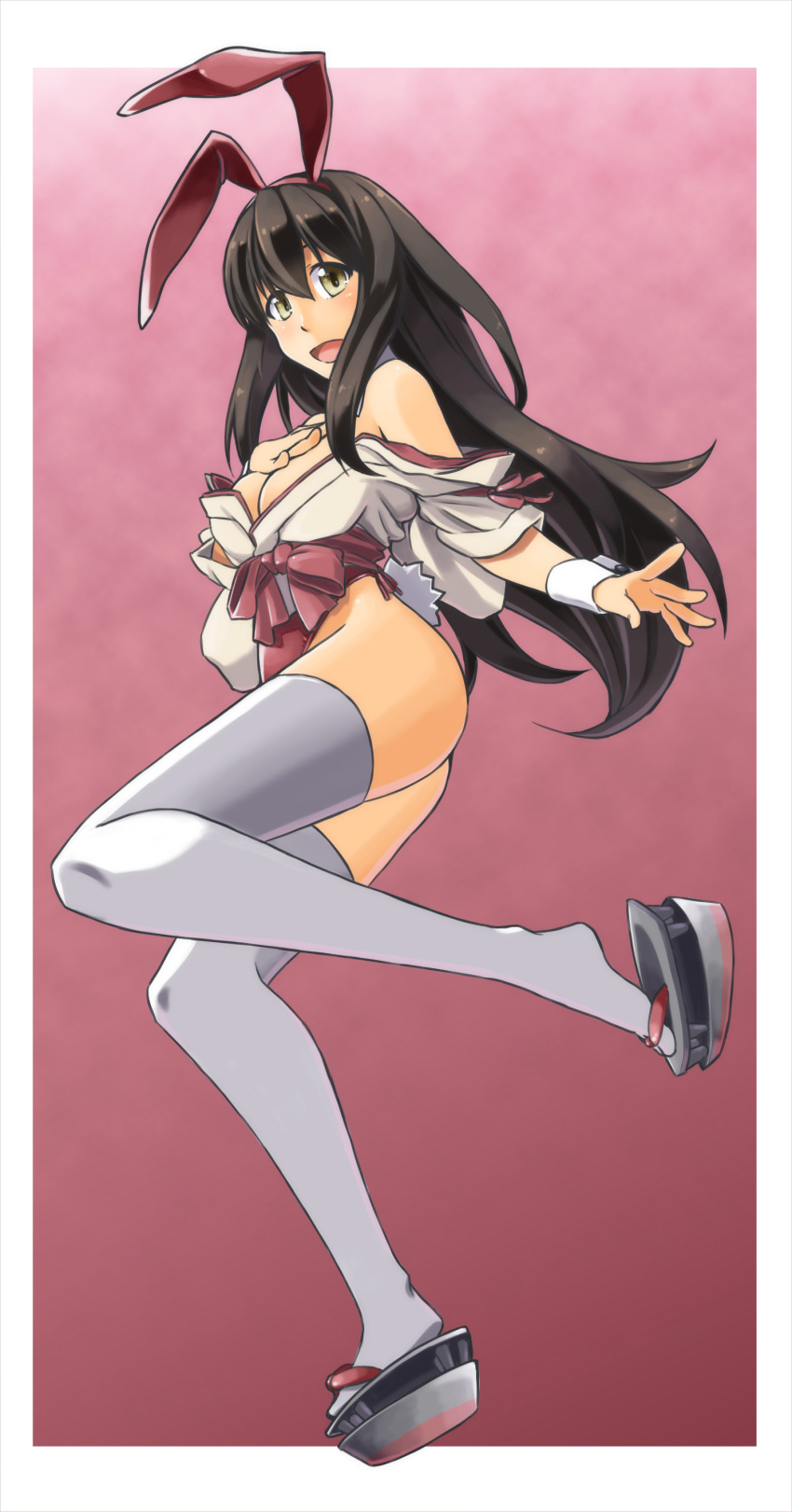 1girl absurdres adapted_costume akagi_(kantai_collection) alto-00 animal_ears bare_shoulders black_hair bow bowtie breasts brown_eyes bunny_tail bunnysuit cleavage fake_animal_ears full_body geta highres japanese_clothes kantai_collection leotard long_hair looking_at_viewer medium_breasts rabbit_ears red_leotard smile solo tail thigh-highs white_legwear wide_sleeves wrist_cuffs