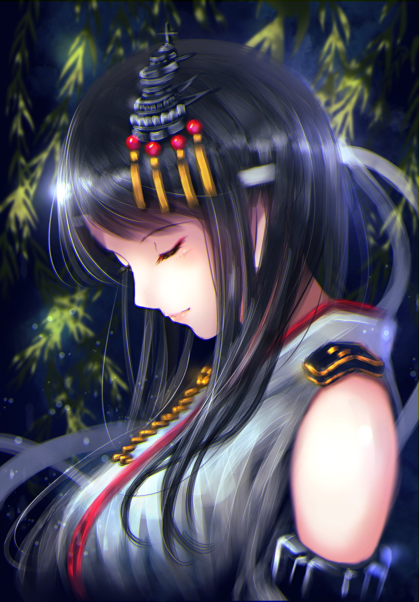 1girl black_hair breasts closed_eyes commentary_request detached_sleeves from_side fusou_(kantai_collection) hair_ornament headgear highres japanese_clothes kazu_(otonoki86) large_breasts long_hair nontraditional_miko solo upper_body