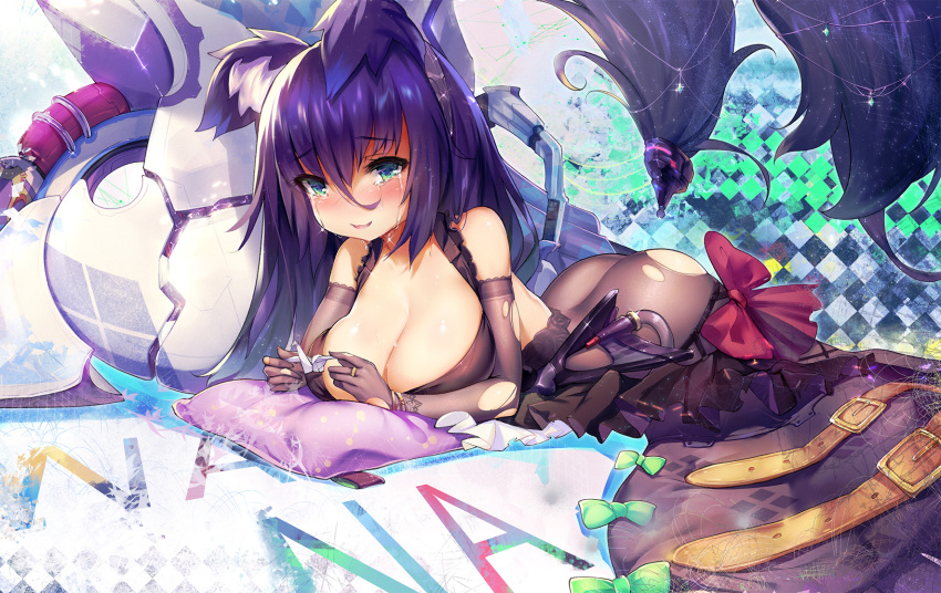 1girl animal_ears ass bare_shoulders black_hair black_legwear blue_eyes blush bow breasts butt_plug buttplug_tail cleavage commentary_request crying crying_with_eyes_open dk.senie elbow_gloves eyebrows_visible_through_hair gloves hair_between_eyes highres jewelry large_breasts long_hair looking_at_viewer lying on_stomach origami original pantyhose paper_crane pillow purple_hair red_bow revision ring solo tail tears torn_clothes torn_gloves torn_pantyhose