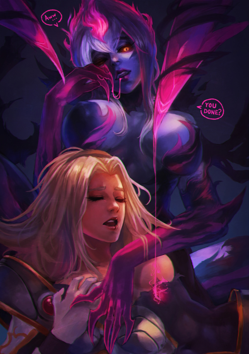 2girls absurdres armor armored_dress blonde_hair breasts commentary demon_girl erect_nipples evelynn eyelashes femdom hairband highres large_breasts league_of_legends lips luxanna_crownguard moaning monori_rogue multicolored_hair multiple_girls open_mouth pink_hair purple_hair purple_sclera purple_skin torn_clothes two-tone_hair yellow_eyes yuri