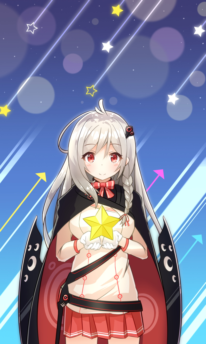 1girl arrow blush braid breasts character_request chunithm closed_mouth directional_arrow eyebrows_visible_through_hair gloves hair_ribbon highres long_hair looking_at_viewer medium_breasts nemsist open_mouth red_eyes red_ribbon red_skirt ribbon silver_hair skirt smile solo standing star white_gloves