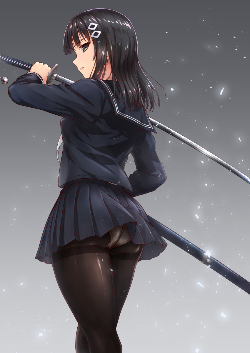 absurdres arm_up ass black_hair from_behind hair_ornament highres katana long_hair medium_hair panties panties_under_pantyhose pantyhose profile school_uniform serafuku simple_background sword thighband_pantyhose tori@gununu underwear weapon