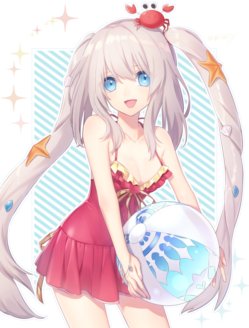 1girl :d animal animal_on_head ball bangs bare_arms bare_shoulders beachball blue_eyes blue_outline bracelet breasts brown_ribbon cleavage collarbone commentary_request cowboy_shot crab crab_on_head eyebrows_visible_through_hair eyes_visible_through_hair fate/grand_order fate_(series) frilled_swimsuit frills hair_between_eyes highres holding jewelry long_hair looking_at_viewer marie_antoinette_(fate/grand_order) marie_antoinette_(swimsuit_caster)_(fate) medium_breasts natsutora on_head one-piece_swimsuit open_mouth outline pebble red_swimsuit ribbon shell_hair_ornament shiny shiny_hair shiny_skin sidelocks silver_hair smile solo sparkle sparkle_background standing starfish_hair_ornament striped striped_background swimsuit swimsuit_skirt twintails very_long_hair