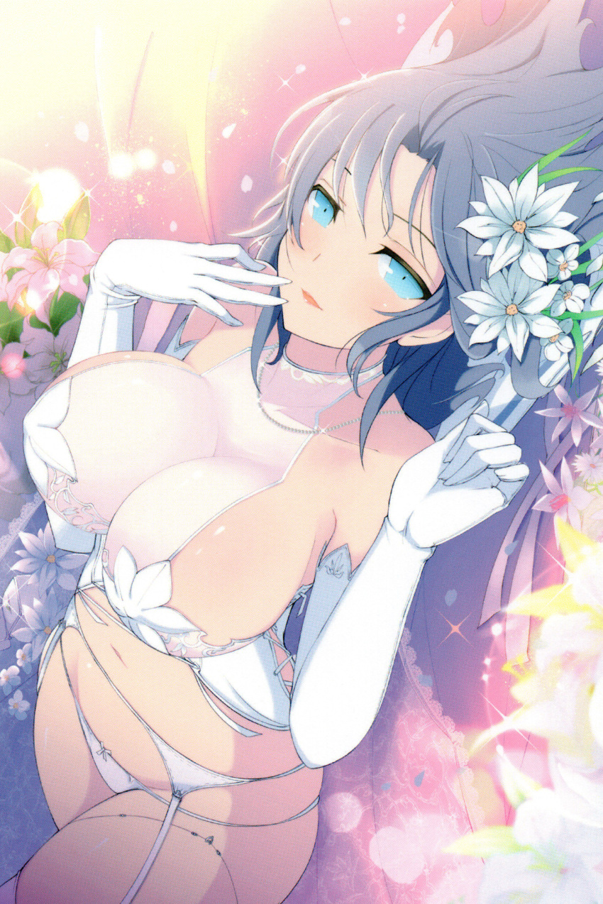 1girl absurdres blue_eyes breasts dutch_angle elbow_gloves flower garter_belt glint gloves grey_hair hair_flower hair_ornament halter_top halterneck hand_to_own_mouth highres impossible_clothes jewelry large_breasts lying navel necklace on_back panties parted_lips scan senran_kagura senran_kagura_(series) smile solo underwear underwear_only white_gloves white_panties yaegashi_nan yumi_(senran_kagura)