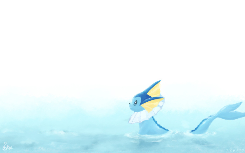 blue_eyes closed_mouth highres looking_afar looking_away no_humans partially_submerged pokemon pokemon_(creature) ryuma210 signature simple_background smile vaporeon water white_background