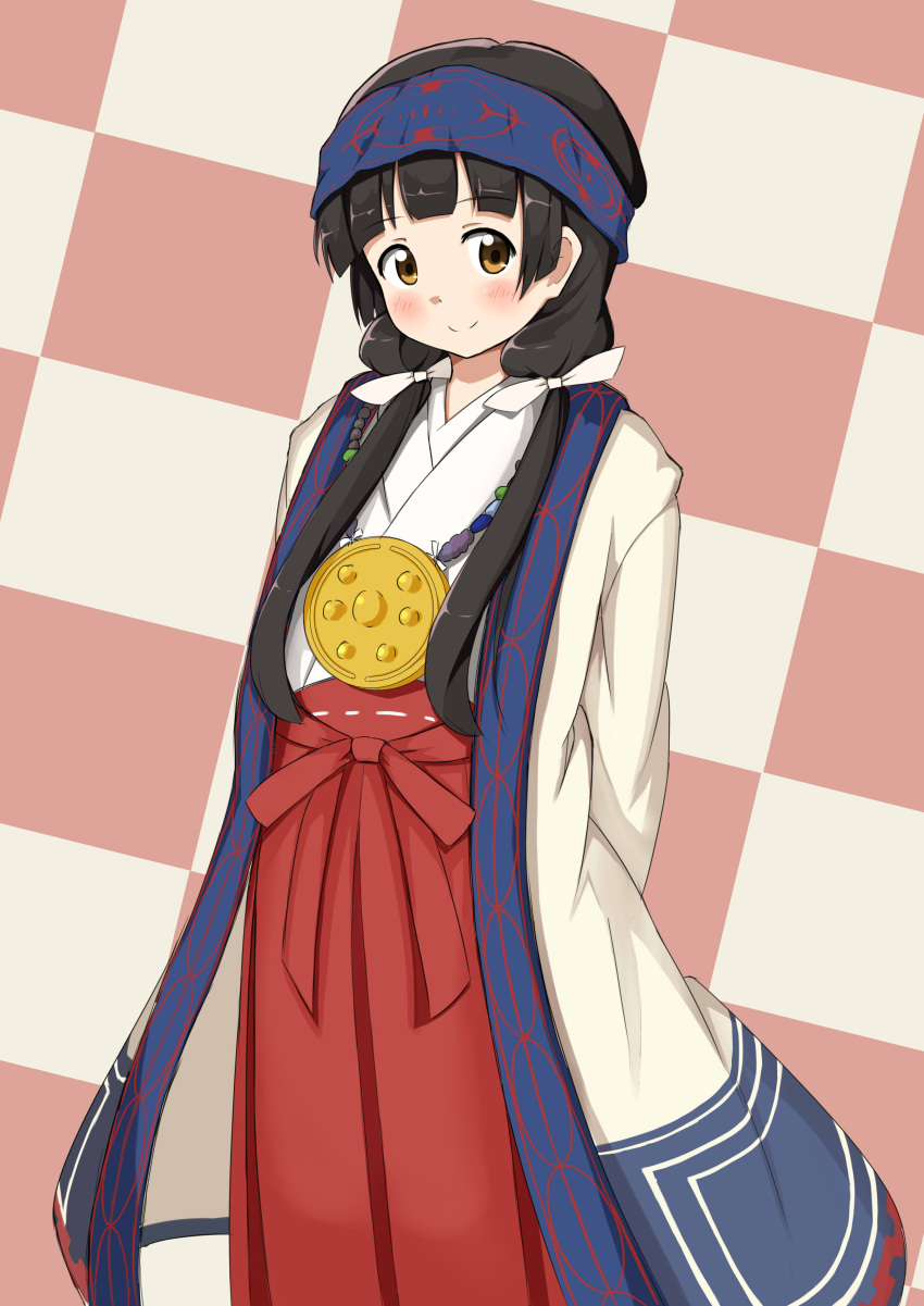 1girl absurdres ainu_clothes amayadori_machi arms_behind_back bangs black_hair blue_headband blunt_bangs brown_eyes checkered checkered_background closed_mouth coat commentary_request flat_chest hair_ribbon hakama headband highres japanese_clothes kohakope kumamiko long_hair looking_at_viewer low_twintails medallion miko overcoat red_hakama ribbon smile solo standing twintails two-tone_background white_ribbon