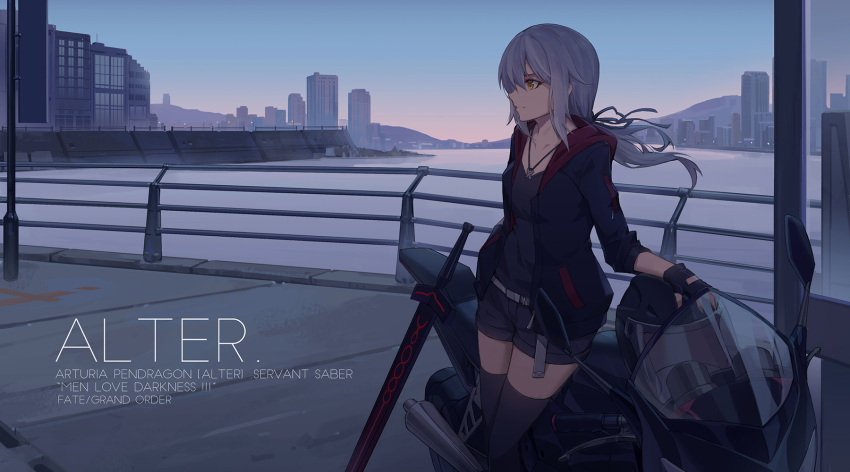 1girl artoria_pendragon_(all) bangs black_legwear character_name closed_mouth copyright_name day fate/grand_order fate_(series) grey_hair ground_vehicle highres hood hoodie long_hair motor_vehicle motorcycle nian open_clothes open_hoodie outdoors river saber saber_alter scenery sidelocks solo thigh-highs tsurime wind yellow_eyes